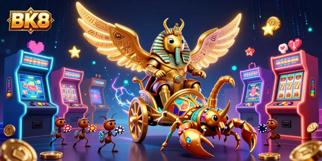 Engage with BK8's casino adventure featuring a colossal scarab beetle, scorpions, and vibrant slot machines.