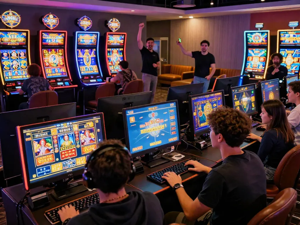 Players enjoying slot maxwin games in a vibrant online casino environment with neon lights and digital displays.