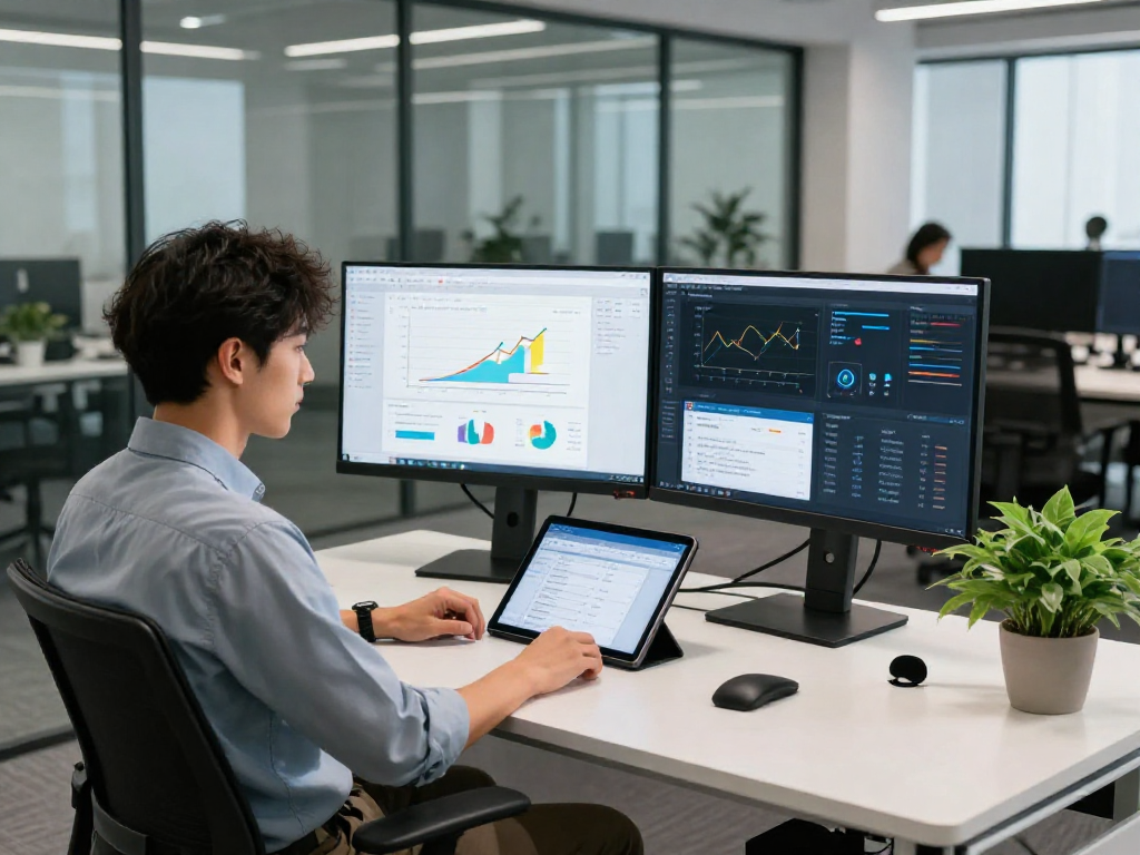 AI detector in use by a data analyst analyzing content moderation metrics in a professional workspace