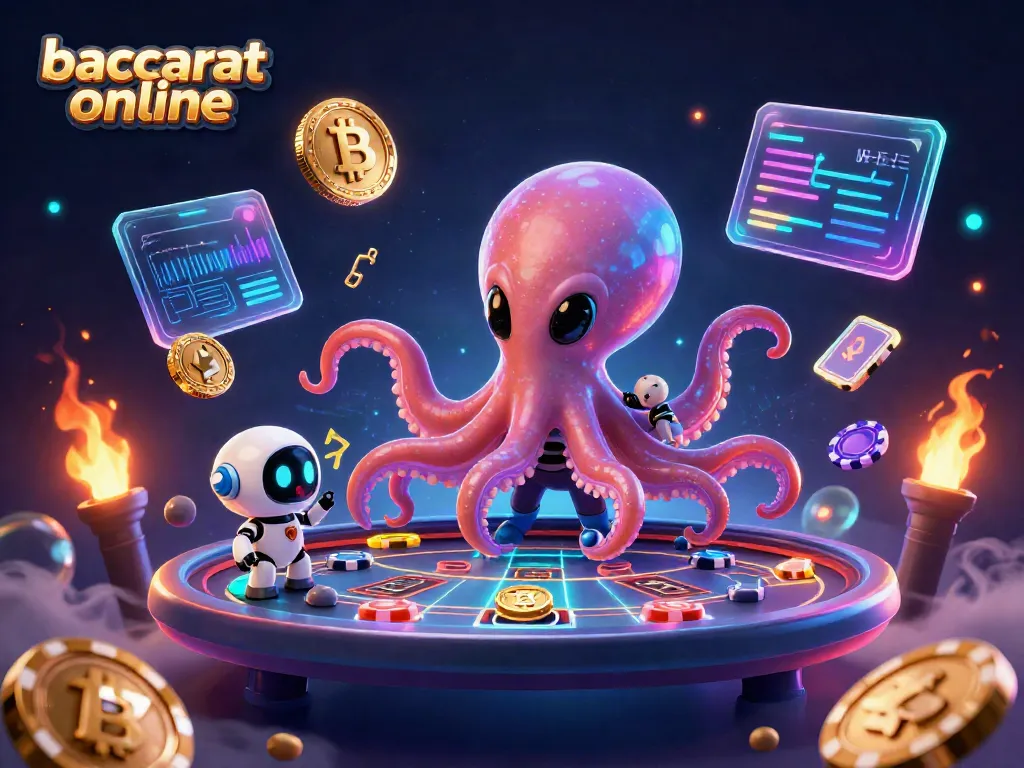 Engage with baccarat online in a vivid scene featuring an alien octopus at a holographic table.