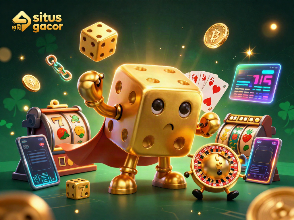 Visualisasi kasino menarik situs slot gacor, menampilkan karakter dadu emas dan simbol slot