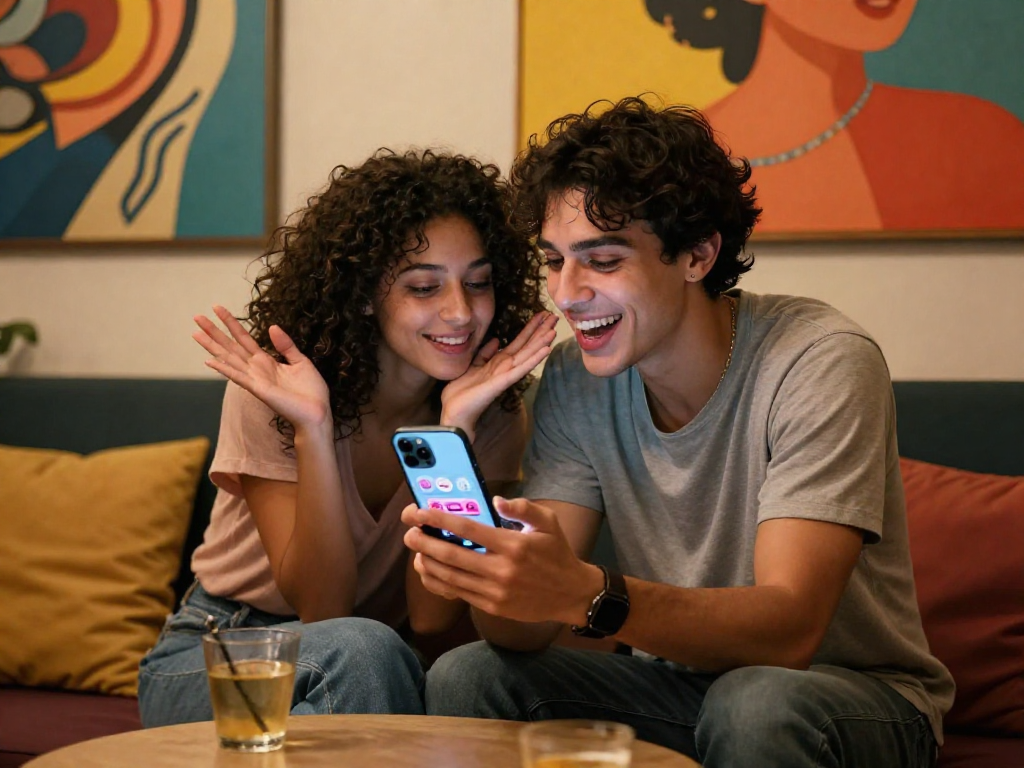 Young couple enjoying a sex AI chat on a smartphone in a colorful urban lounge.