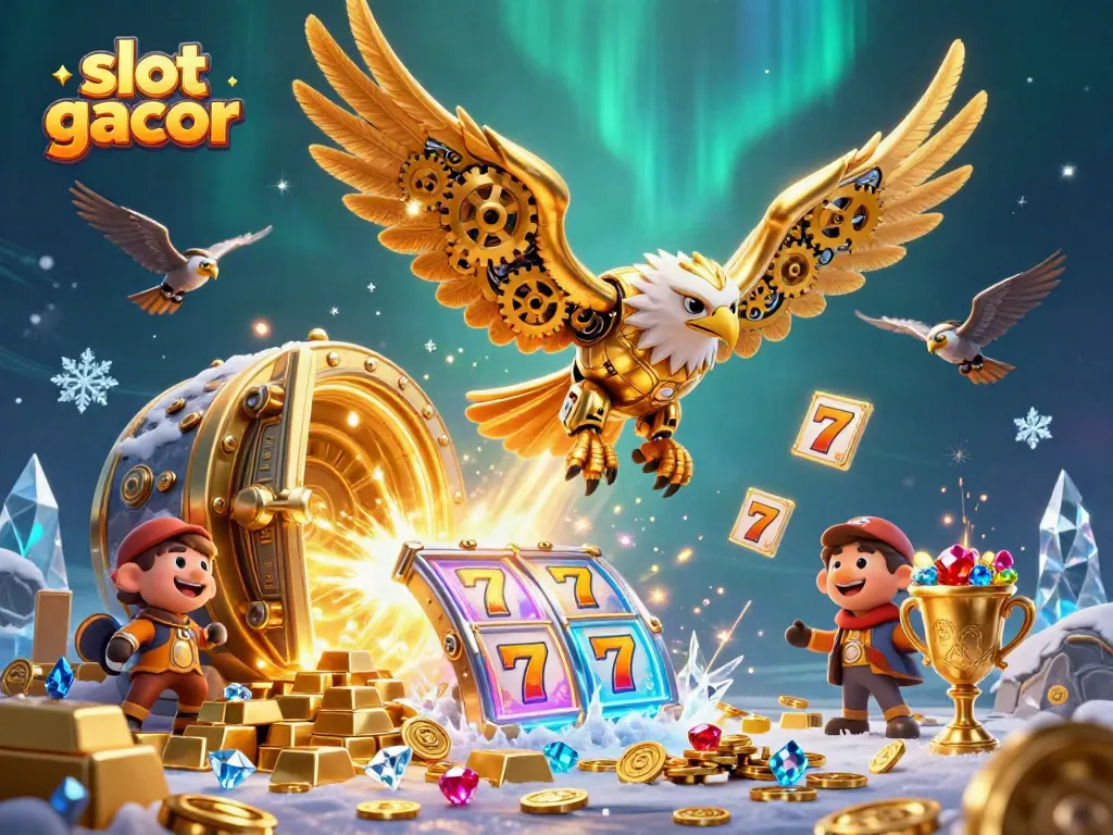 Experience the excitement of slot gacor with a golden eagle diving through colorful slot reels.