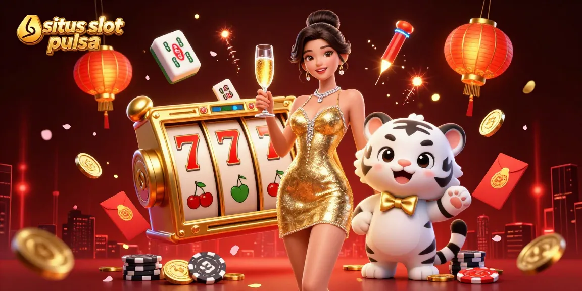 Situs slot pulsa offers vibrant casino fun with an elegant woman and a lucky white tiger amid dynamic game visuals.
