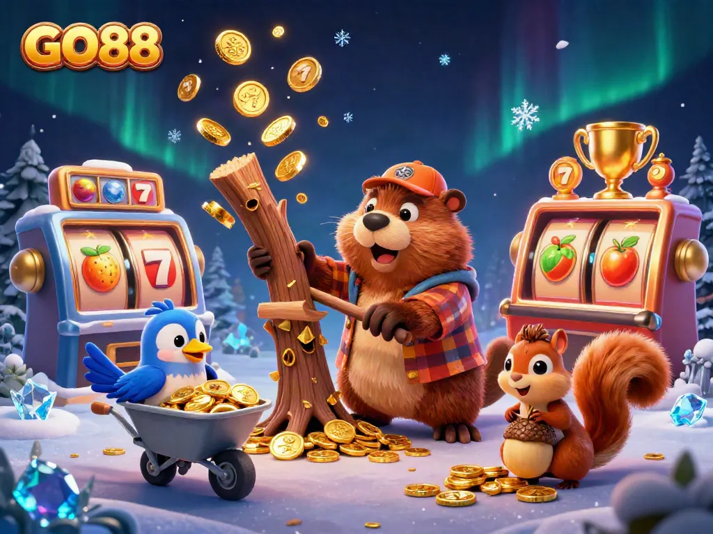 GO88 offers thrilling slot games with vibrant golden coins raining down amidst lively 3D characters.