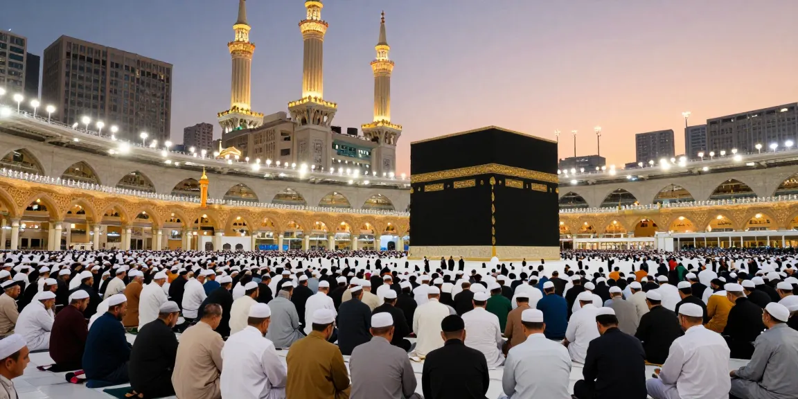 Engaging scene of Umroh Full Ramadhan pilgrims at Masjid al-Haram, showcasing vibrant spirituality and tourism adventures.