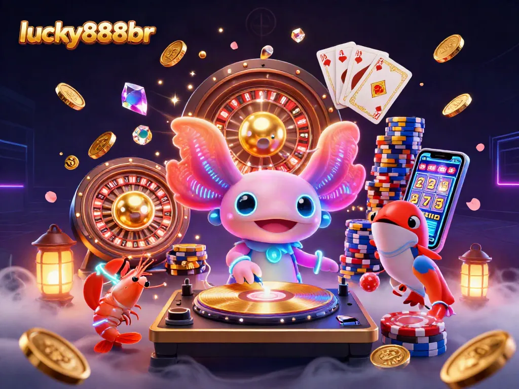 Experience the lively scene at lucky888br with vibrant characters, shimmering coins, and thrilling casino games.