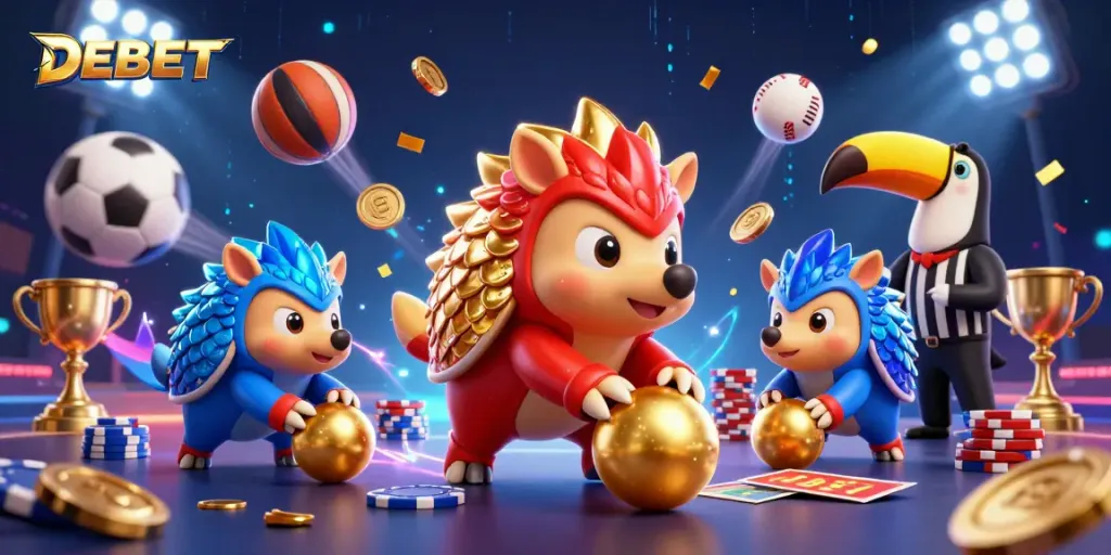 Engage with DEBET's thrilling casino experience featuring dynamic pangolin characters and vibrant gaming elements.