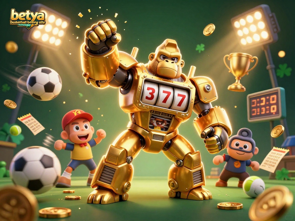 Betya basketball betting site illustration with a golden gorilla mech celebrating a winning moment.