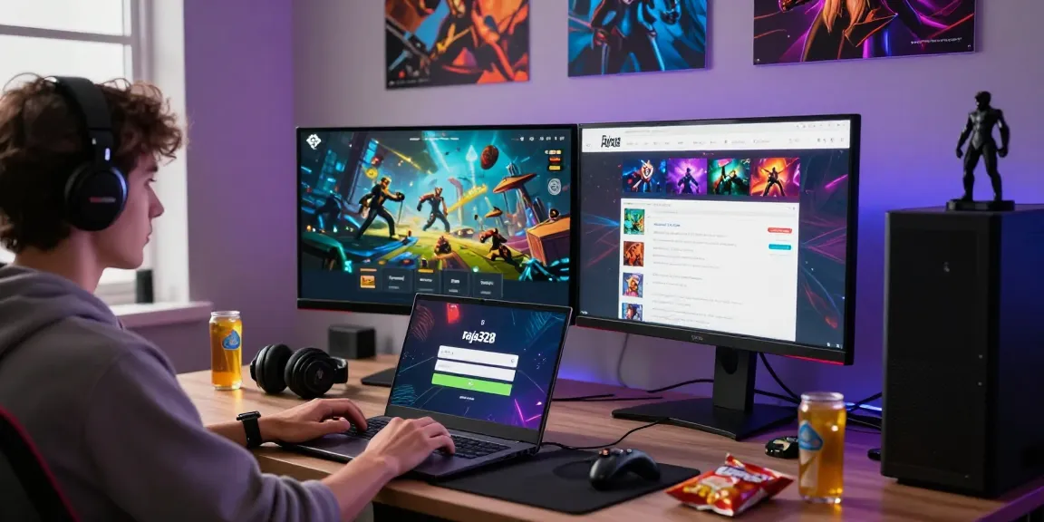 Engaging interface for raja328 login displayed on a laptop, vibrant gaming setup with dual monitors and immersive decor.