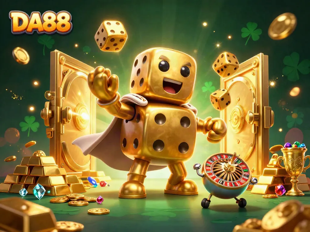 Engage with DA88's exciting gaming world featuring golden dice golem and treasures.