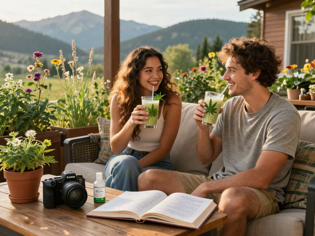 Online dispensary that ships to all states, showcasing a couple enjoying CBD smoothies in a serene outdoor setting with natural wellness elements.