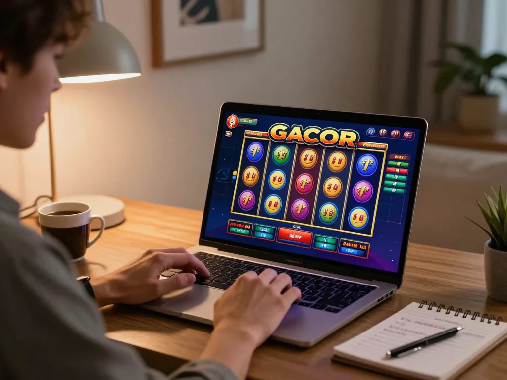 Player engaged in slot gacor game on laptop, highlighting strategic online gambling.