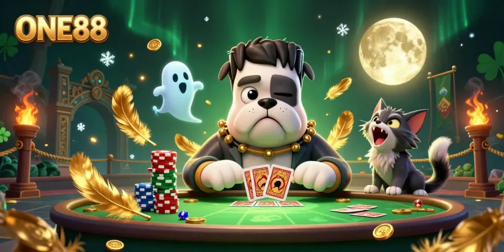 ONE88 engages players with thrilling gaming adventures featuring a unique animated characters and vibrant casino elements.