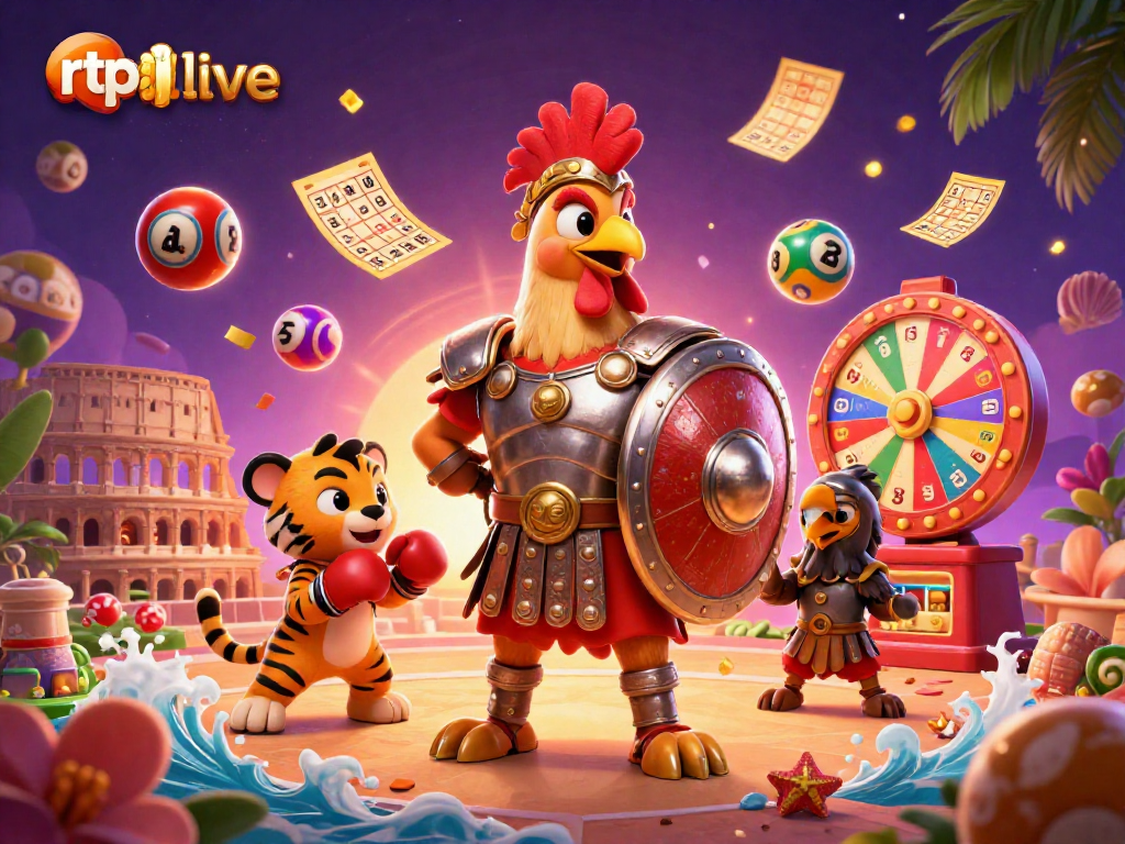Engage with rtp live through colorful lottery balls, a gladiator rooster, and dynamic gaming elements.