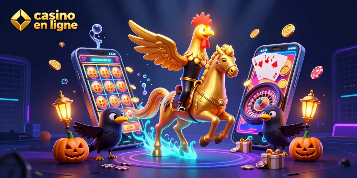 Jouez aux jeux de casino en ligne avec l'illustration dynamique d'un casino nocturne rempli d'éléments de jeux.