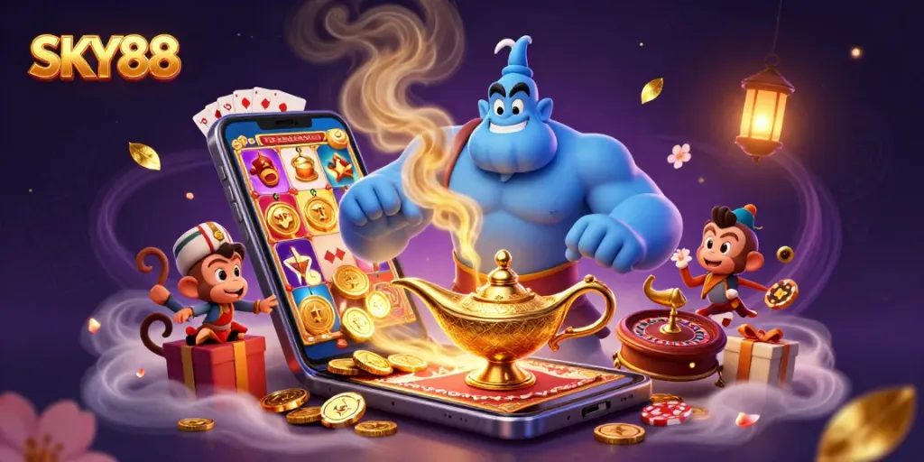Experience the thrill of SKY88 gaming with a vibrant 3D illustration featuring poker chips and slot games.