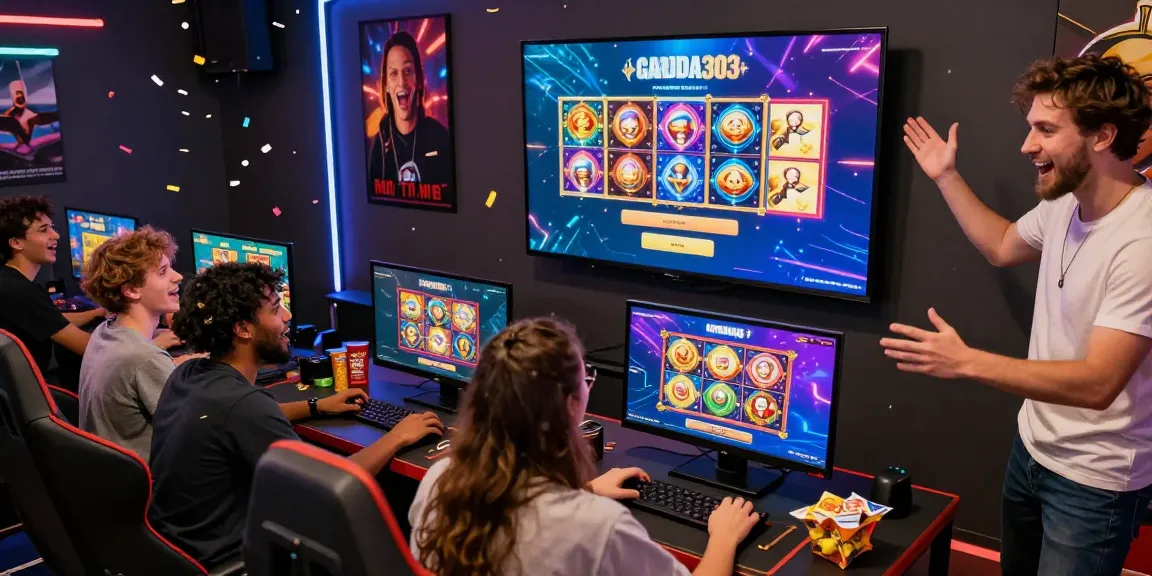 Friends excitedly using GARUDA303 login to play online slots together in a vibrant setting.