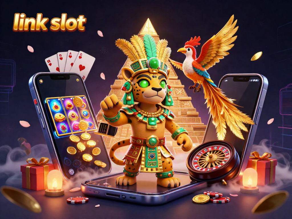 Mengakses link slot gacor dengan 3D jaguar pendeta di latar belakang kasino digital yang berwarna-warni.