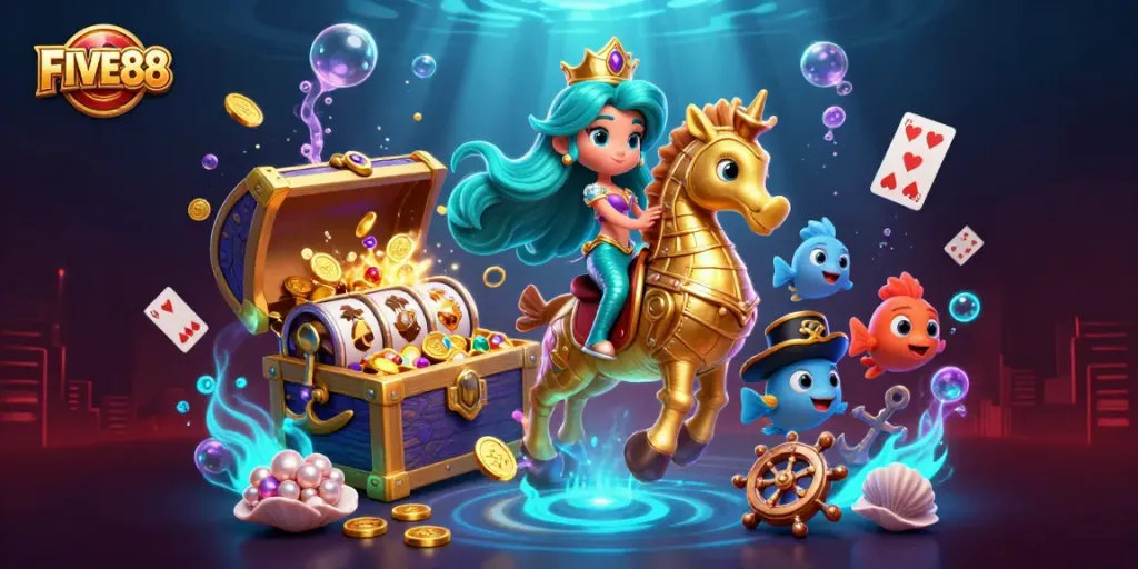 Engage in thrilling adventures with FIVE88's vibrant casino world featuring underwater games and treasures.
