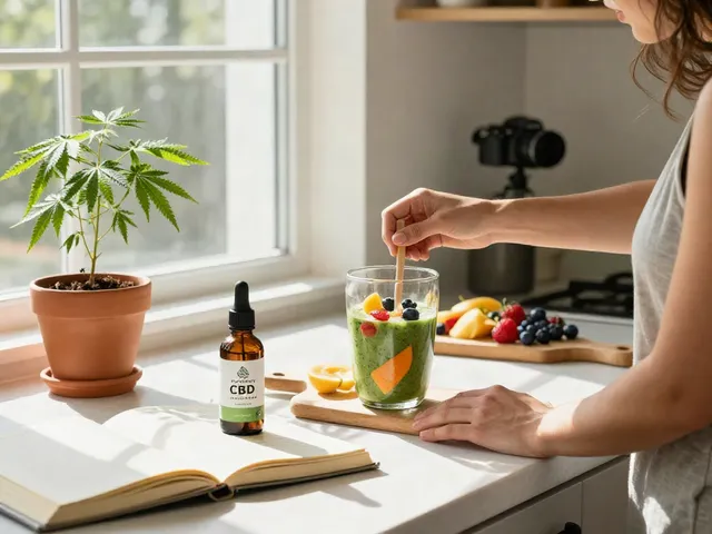 Buy weed Canada with quality CBD oil in a bright kitchen, showcasing natural wellness products and healthy preparation.
