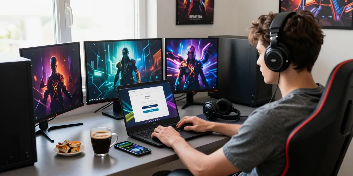 Exciting garuda303 login scene with a user in their home office, showcasing vibrant gaming decor.
