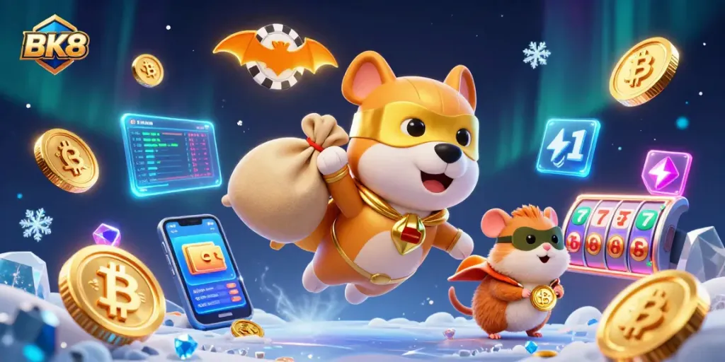 Win big at BK8 with a dynamic scene of a superhero dog and hamster celebrating in a vibrant casino atmosphere.