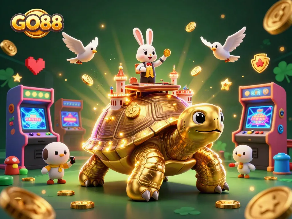 Experience the thrill of GO88 with a vibrant 3D casino scene featuring exciting games and characters.