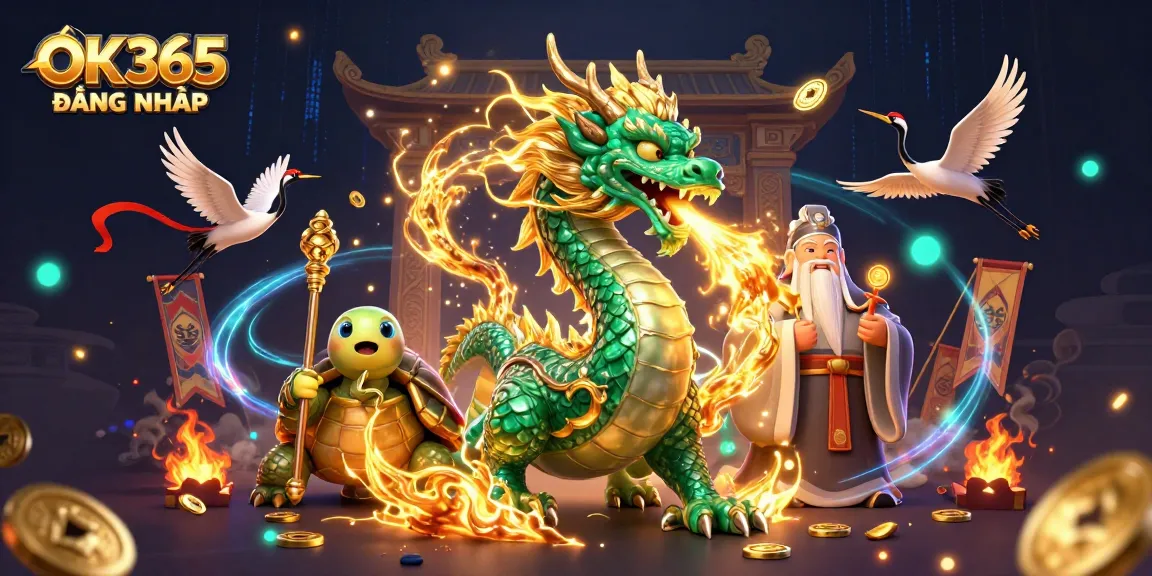 Engage in thrilling gameplay with OK365 ĐĂNG NHẬP featuring a jade dragon, turtle sage, and cranes.
