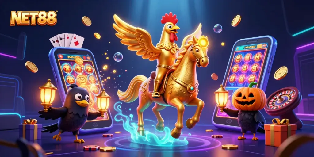 Engage with NET88 through this vibrant casino scene featuring a headless horseman and gaming elements.