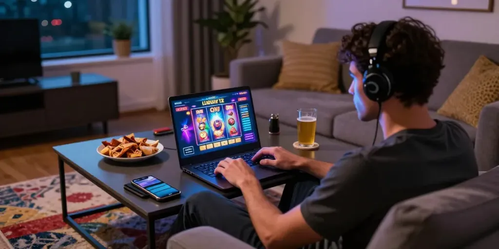 Engaging gaming moment at home with luxury12 slot game visible on laptop screen, cozy atmosphere.