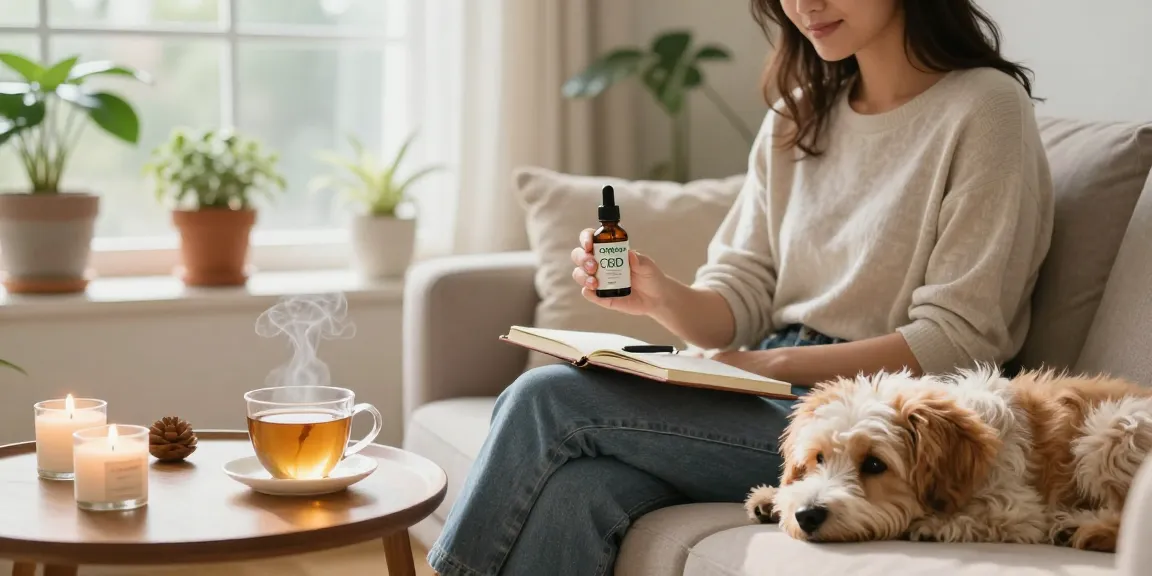 Woman enjoying CBD oil from CBDNorth in a cozy living room with soothing plants and tea.