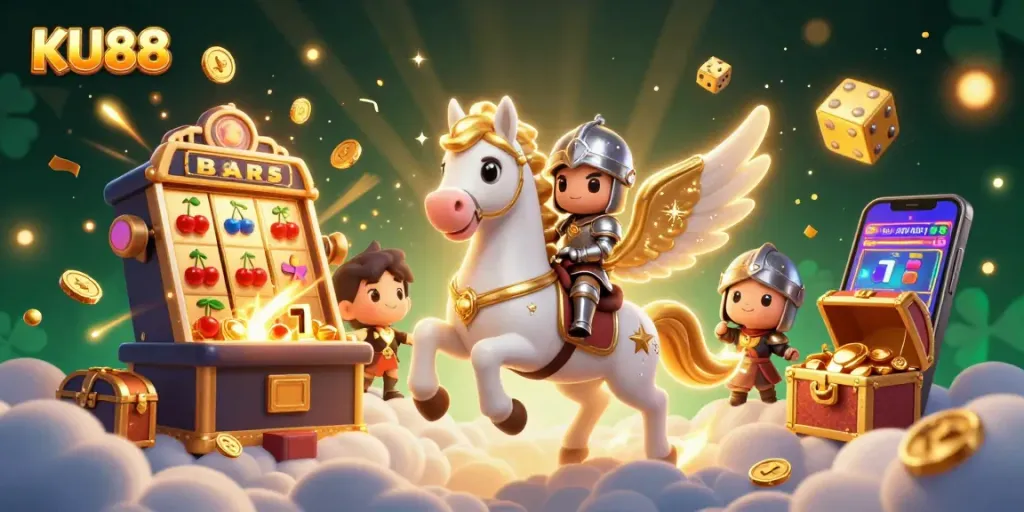 Spin the reels on KU88 with rich casino elements and festive jackpots in a vibrant 3D scene.