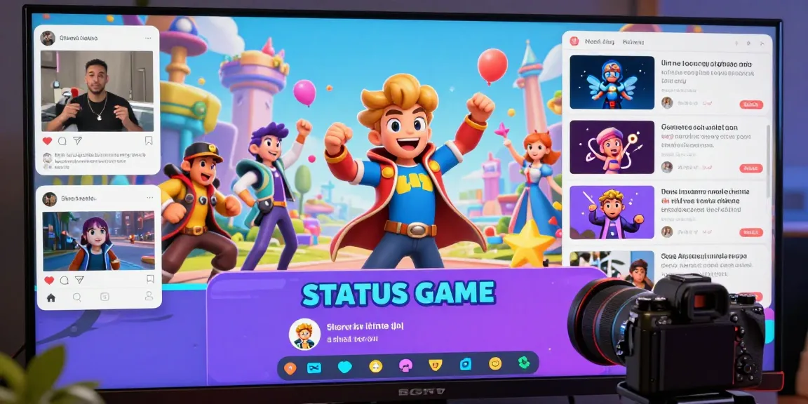 Dynamic avatar engaging in the status game, surrounded by iconic characters and vibrant social media posts.