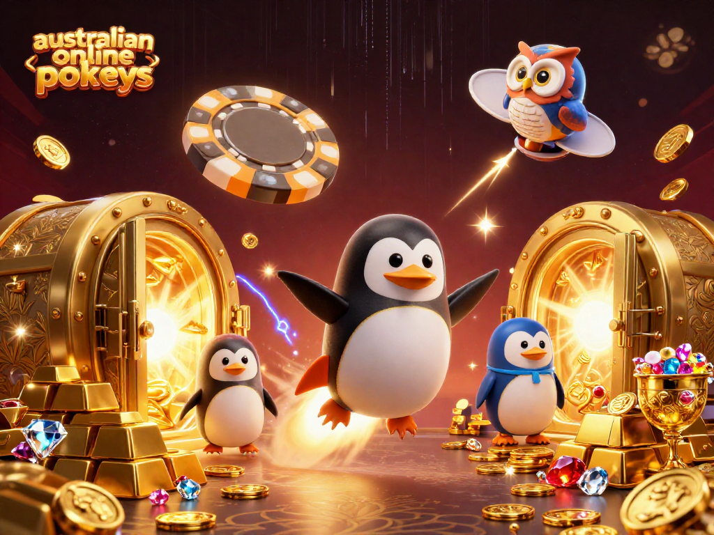 Discover features of australian online pokies with a vibrant 3D illustration of a penguin in space.