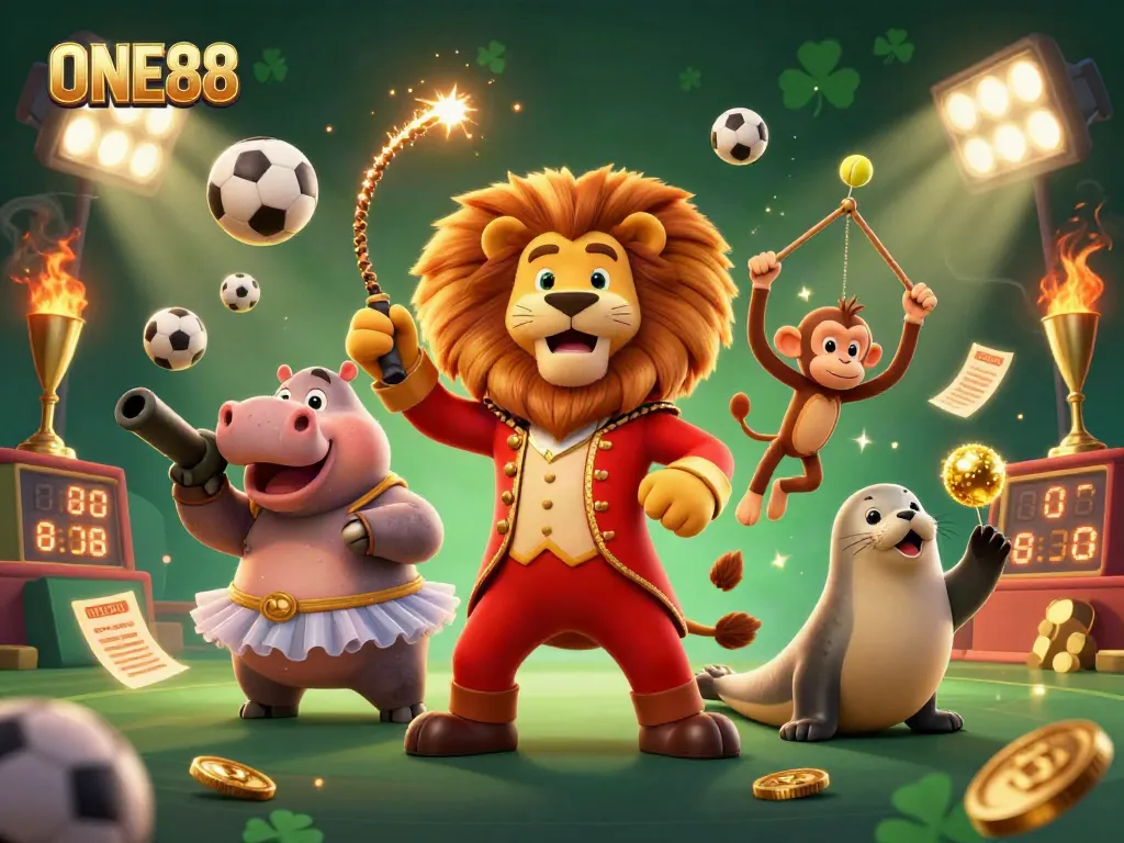 Win big with ONE88 at this vibrant 3D casino illustration featuring lively characters and dynamic sports elements.
