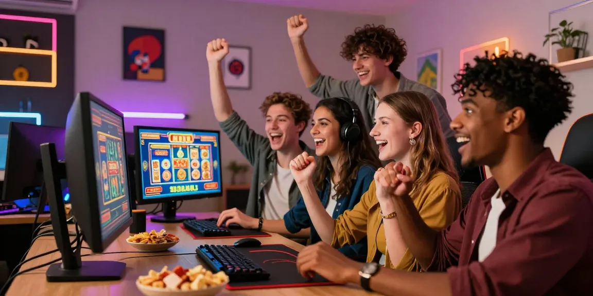 Excited friends playing slot deposit 5k game on a computer in a cozy gaming room.