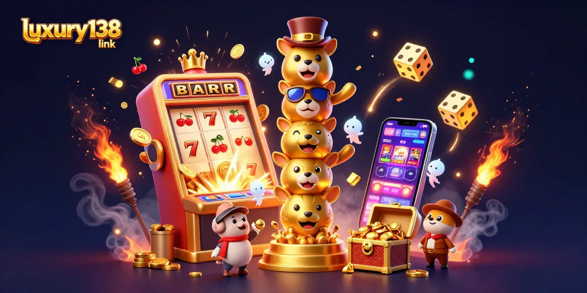 Engage with the action and excitement of luxury138 link, featuring slot machines and casino elements bursting with gold and light.