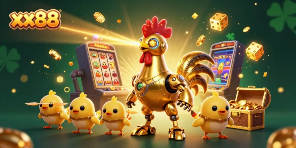 Experience the excitement of xx88 with a golden rooster robot and baby chick drones in a dynamic casino scene.