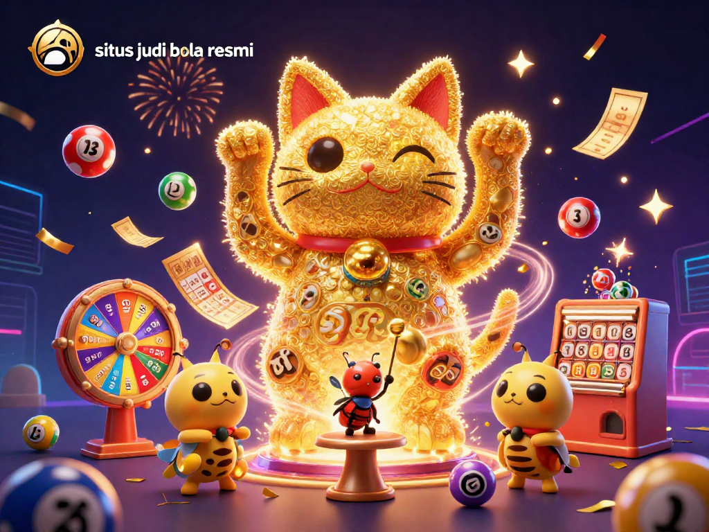 Engage with situs judi bola resmi using vibrant casino symbols, golden tickets, and dynamic lottery elements in celebration