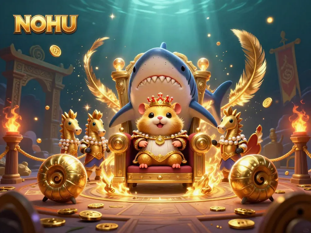 Join the fierce golden hamster king at NOHU's vibrant underwater casino, surrounded by seahorse guards and treasure.
