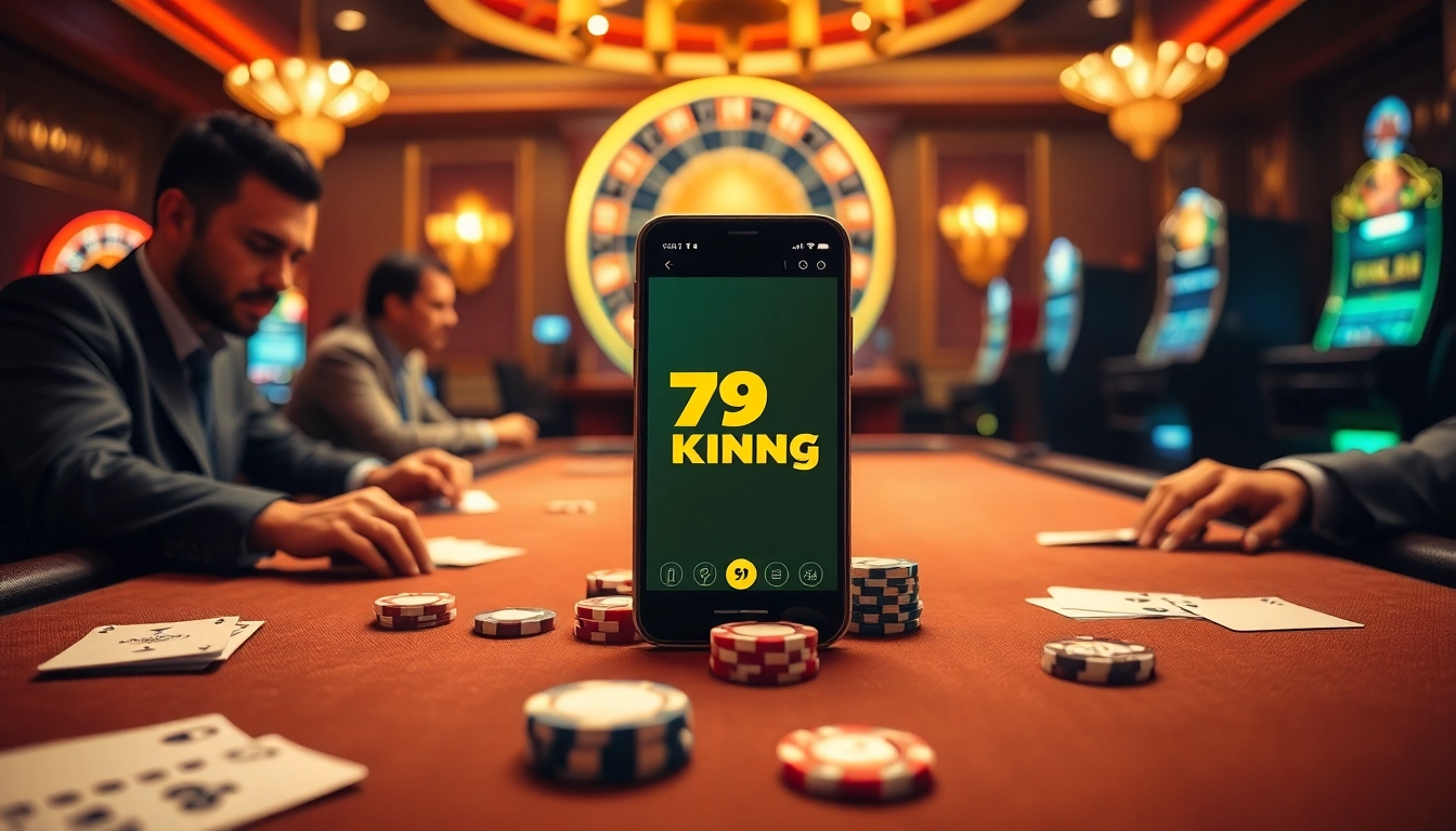 Play a game with the 79king app showcased on a smartphone amidst a vibrant casino setting.