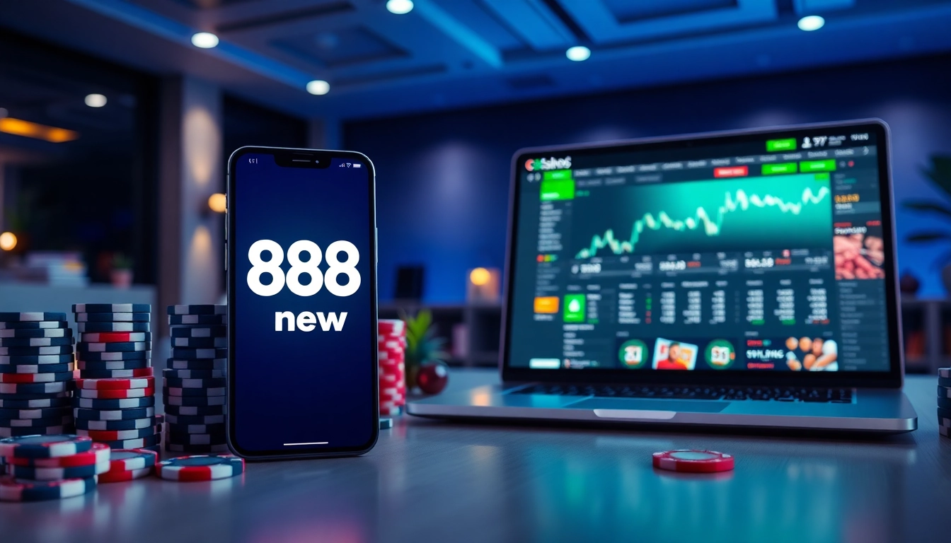 888 new mobile app interface showcasing online betting features in a vibrant, professional setting.