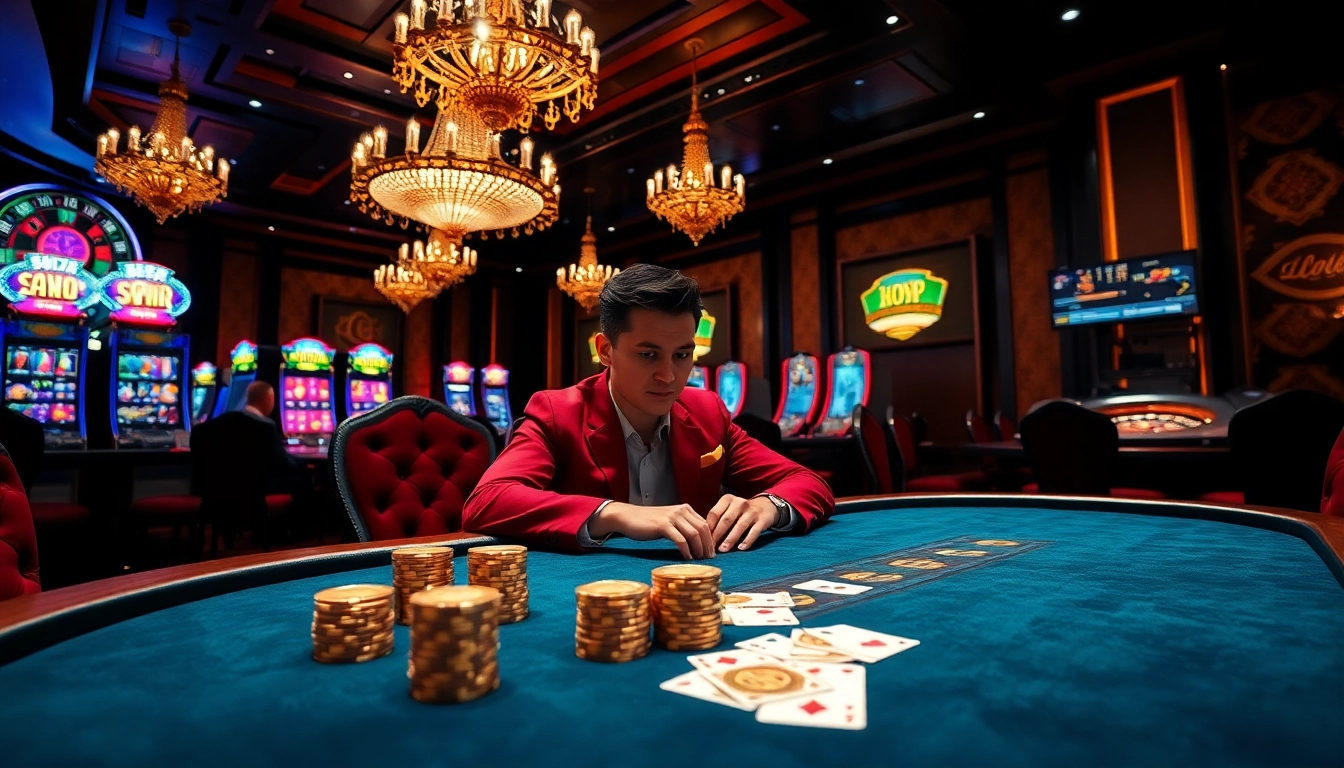 Experience thrilling action at https://whycazino.com with a luxurious poker table scene featuring vibrant slot machines.