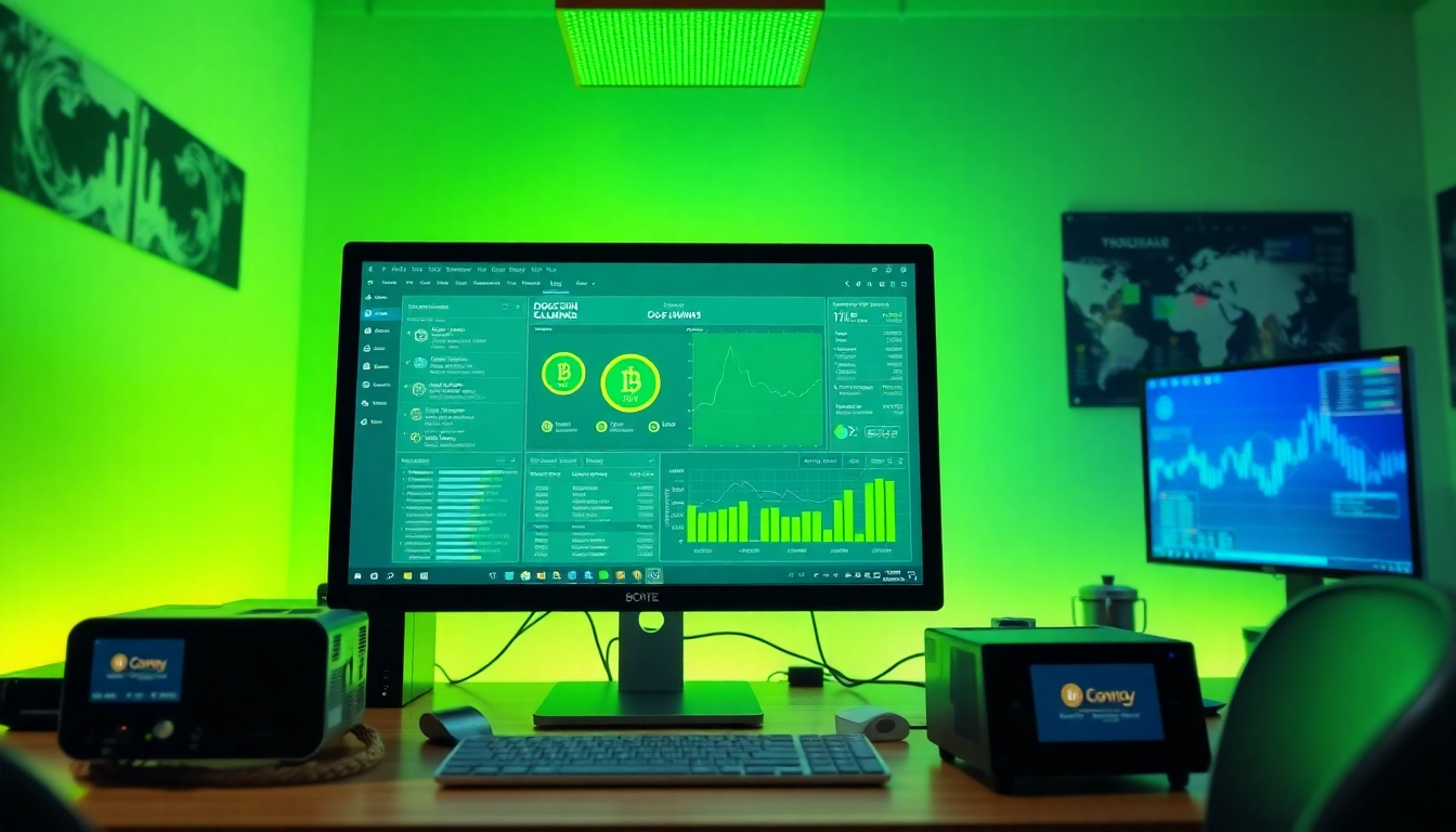 Dynamic dogecoin cloud mining workspace with innovative technology elements.