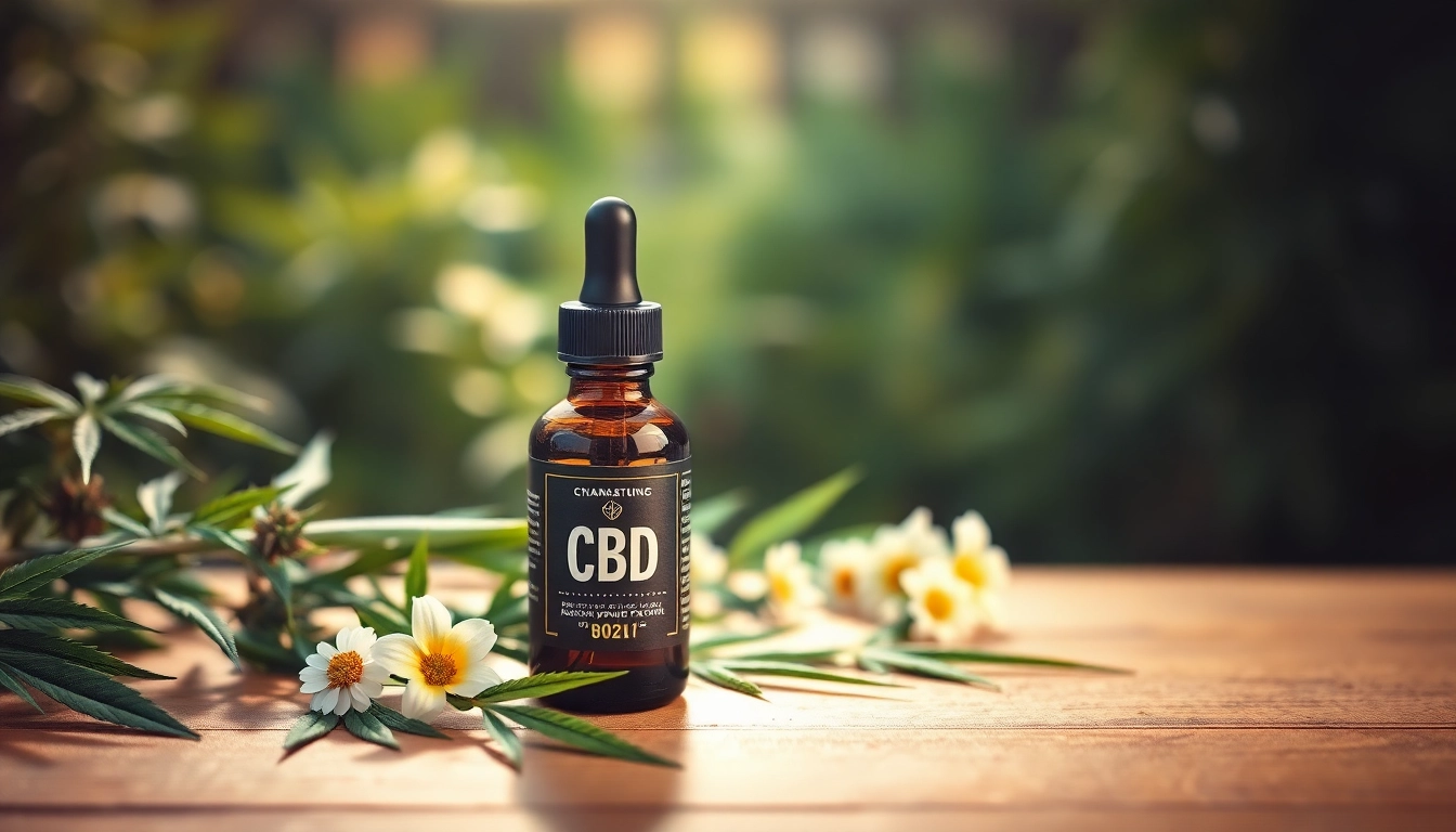 Showcase CBD Oil bottle with fresh hemp leaves on wooden table.