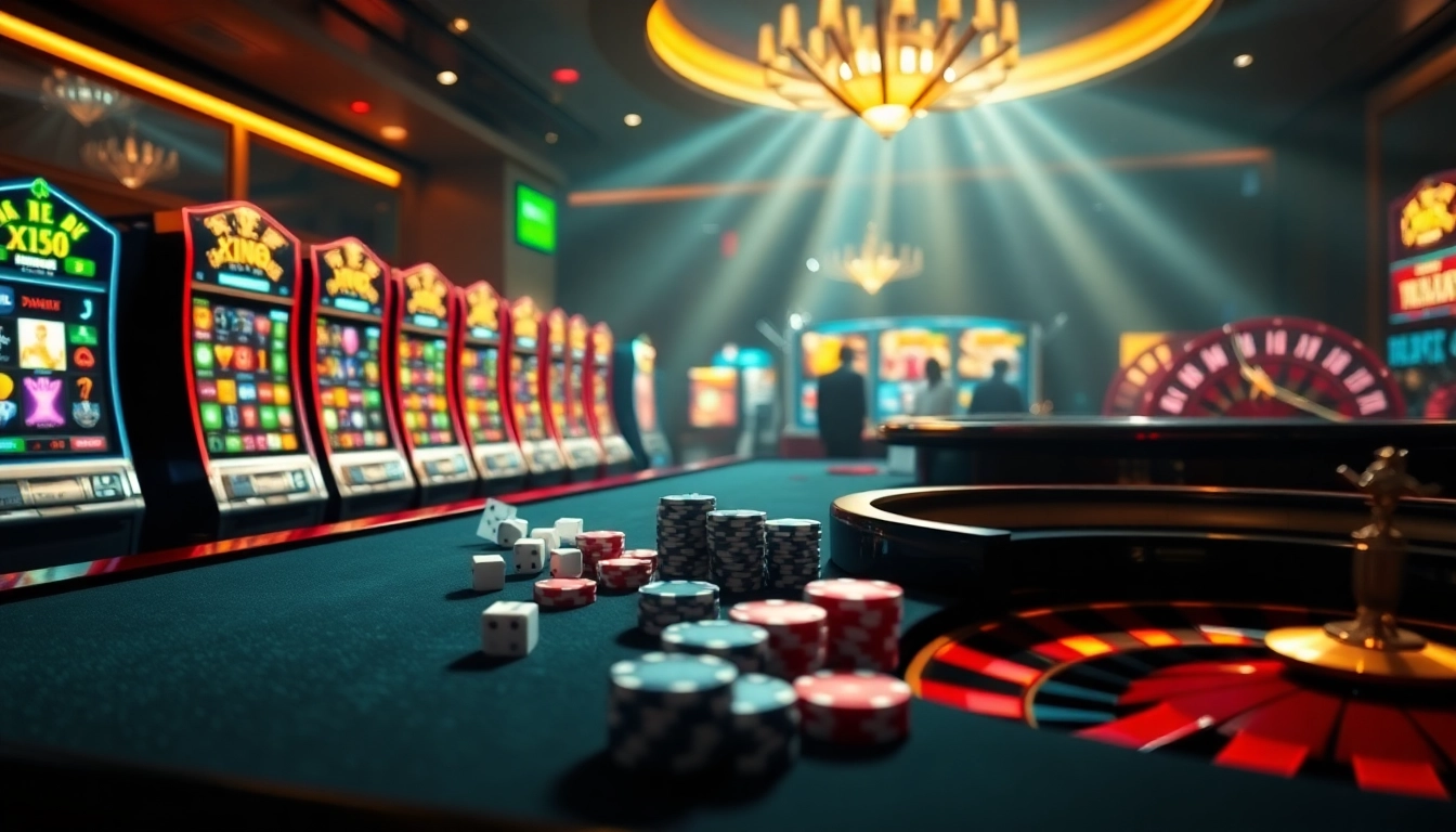 Gamblers enjoying exciting gameplay at Nhà cái XX88 with vibrant slots and casino table.