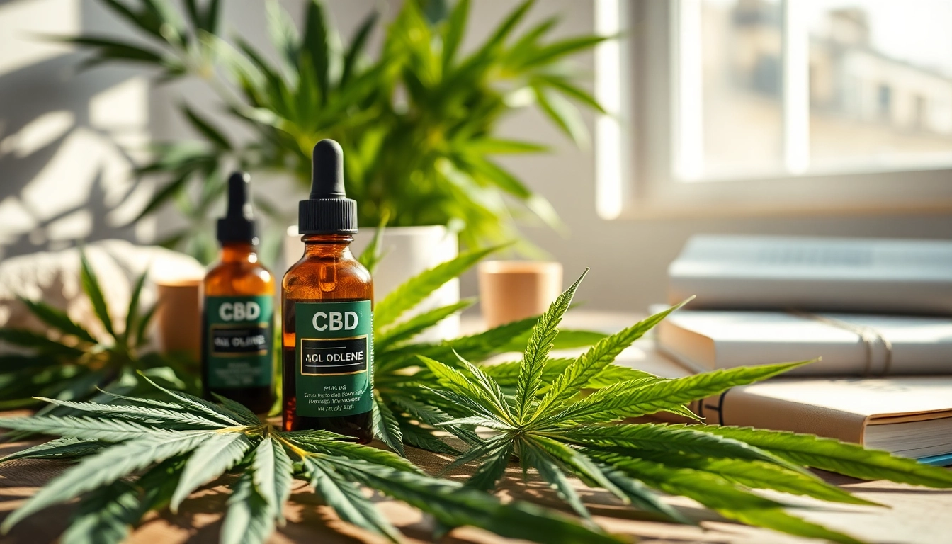 Discover CBD oil products with fresh hemp leaves in a serene, health-focused environment.