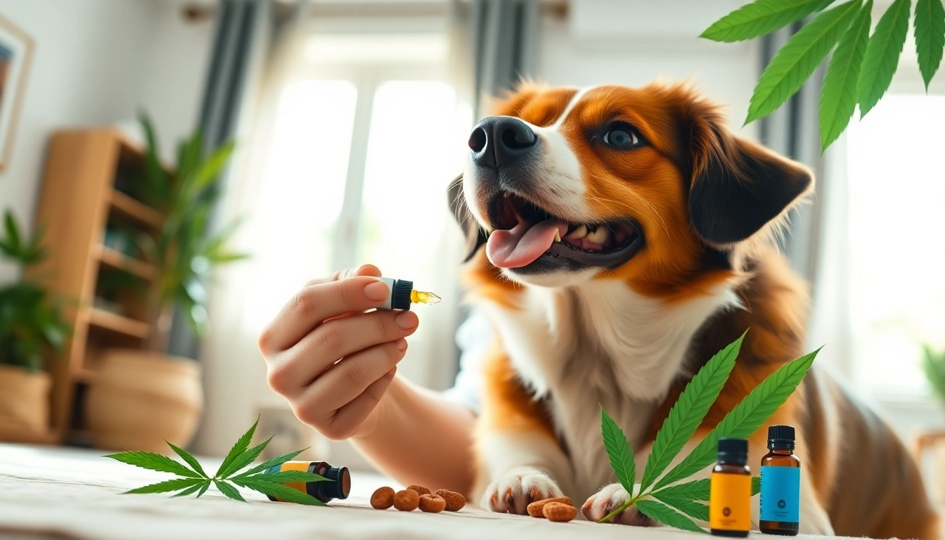Administering CBD For Pet oil to a happy dog in a cozy home environment.