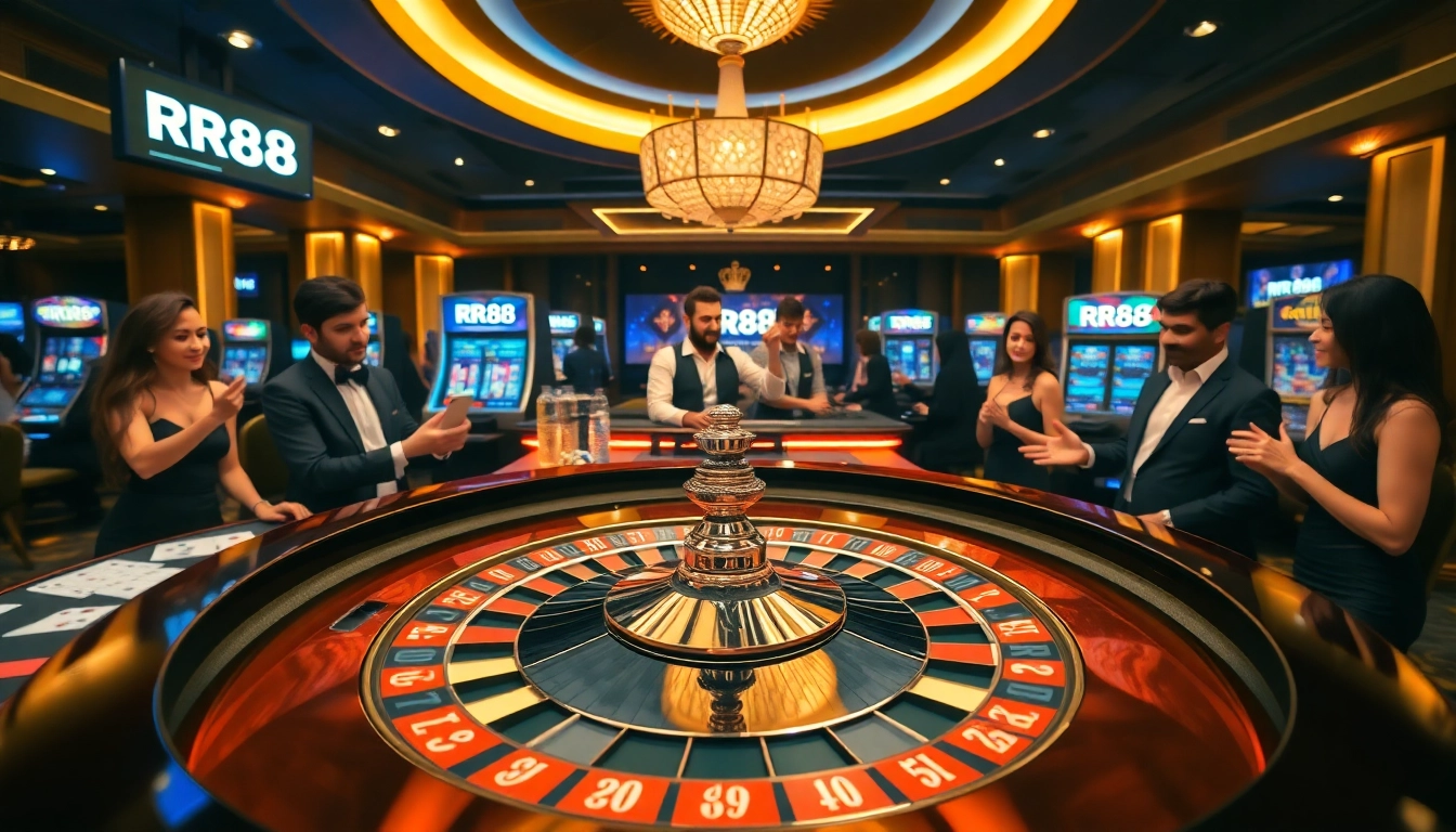 Players engaging in thrilling games at RR88's elegant casino setup, showcasing excitement and luxury.